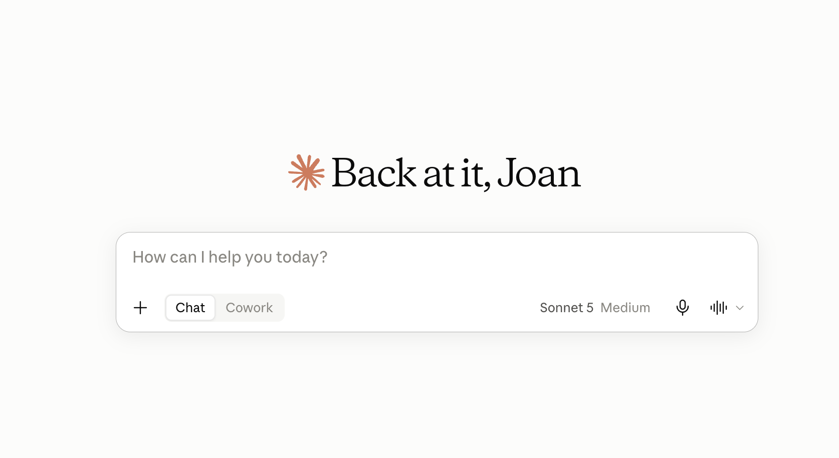 Claude AI chat interface showing the welcome screen with prompt input and model selector