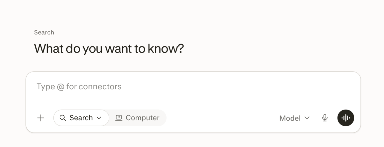 Perplexity search interface showing the search bar and Model selector