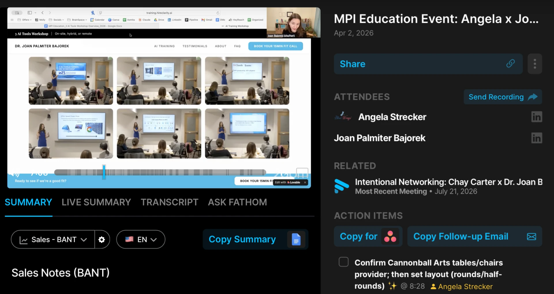 Fathom meeting recording interface showing the MPI Education Event with summary, transcript, and action items